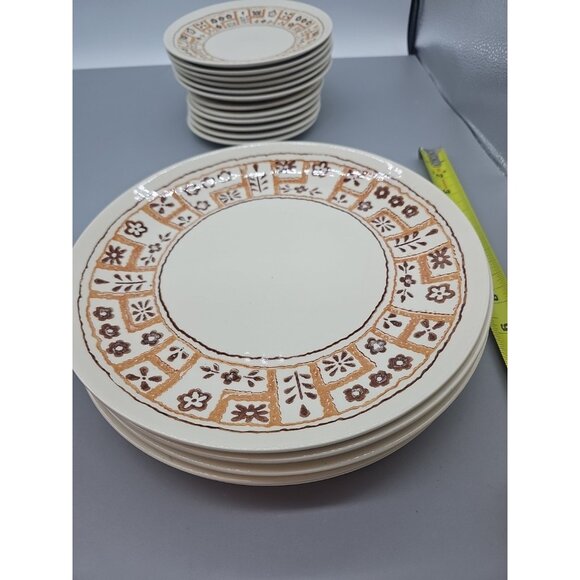 Decostone Andre Ponche Dinner Plates 10" Brown Rim Lot of 8 Floral Oven Safe - Picture 6 of 8